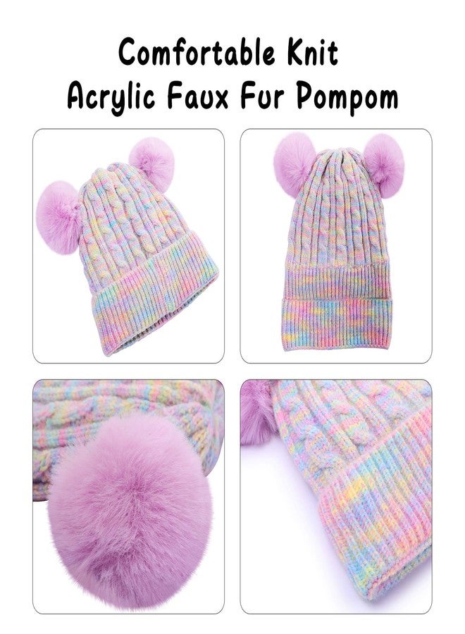 ACTLATI Girls Rainbow Pom Pom Beanies Hats Winter Knit Fleece Lined Beanie Hat for Kids Outdoor Snow Ski Skull Cap Age 7-12 - Image 4