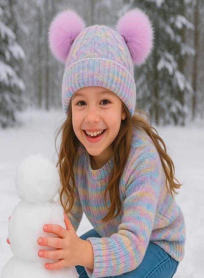 ACTLATI Girls Rainbow Pom Pom Beanies Hats Winter Knit Fleece Lined Beanie Hat for Kids Outdoor Snow Ski Skull Cap Age 7-12 - Image 2