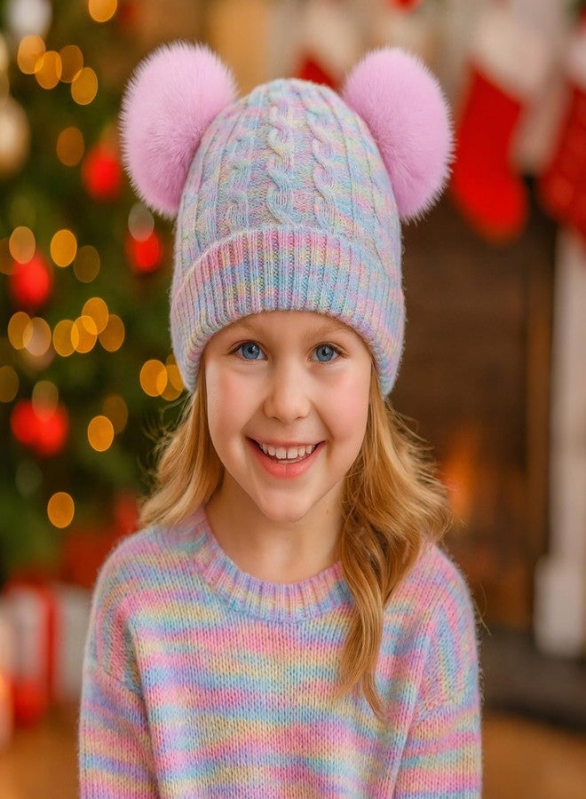 ACTLATI Girls Rainbow Pom Pom Beanies Hats Winter Knit Fleece Lined Beanie Hat for Kids Outdoor Snow Ski Skull Cap Age 7-12 - Image 5