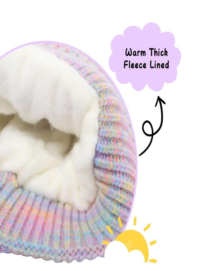 ACTLATI Girls Rainbow Pom Pom Beanies Hats Winter Knit Fleece Lined Beanie Hat for Kids Outdoor Snow Ski Skull Cap Age 7-12 - Image 3