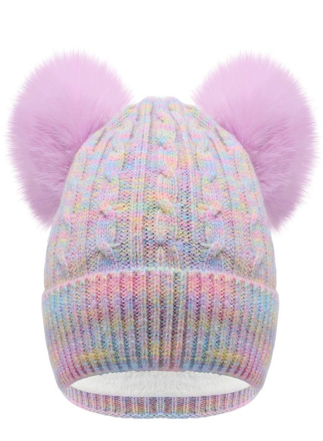 ACTLATI Girls Rainbow Pom Pom Beanies Hats Winter Knit Fleece Lined Beanie Hat for Kids Outdoor Snow Ski Skull Cap Age 7-12 - Image 1