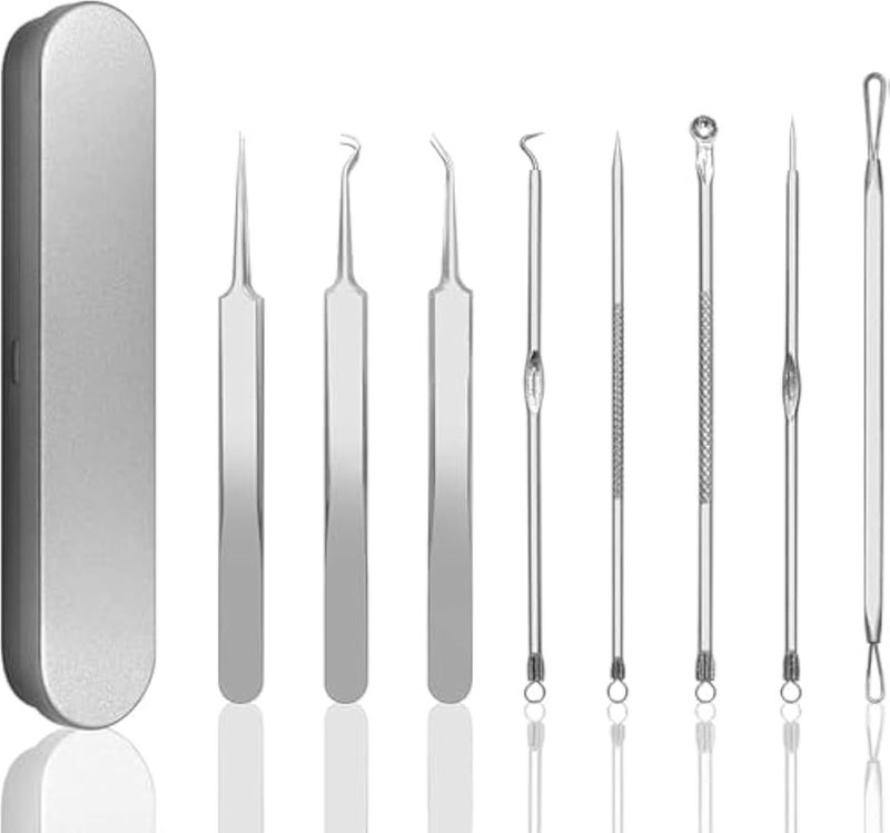 8 Pcs Blackhead Remover Tool Kit with Metal Case, Acne Comedone Clip Blackhead Tweezer for Ingrown Hair Removal - Image 1