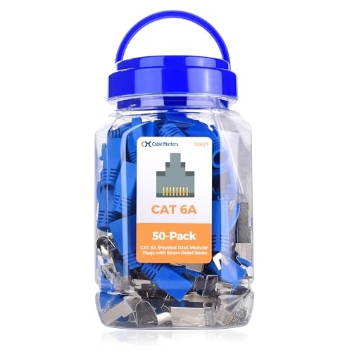 Cable Matters 50-Pack Cat6A RJ45 Shielded Modular Plugs with Strain Relief Boots, 50µ Gold Plated, Cat 6A Shielded RJ45 Connectors, Cat6a Connector - Image 1