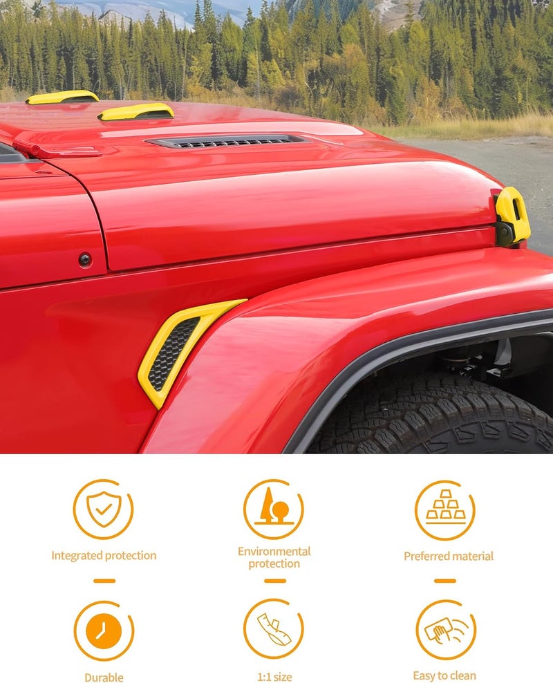 Hoolcar Hood Hinge & Hood Latch & Side Fender Air Vent Cover Kit for 2018-2026 Jeep Wrangler JL JLU & Gladiator JT ABS Exterior Accessories Cover Trim, 6PCS Yellow - Image 5