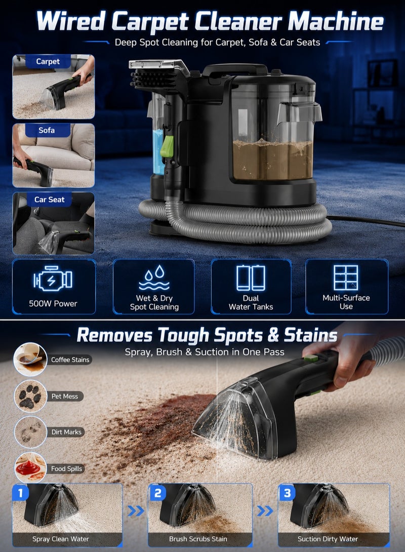 Panda Carpet Cleaner Wired Dry & Wet Cleaner, Removes Tough Spot & Stain, Easy To Use on Multi Surfaces: Sofa, Car And Upholstery 500W Black - Image 2