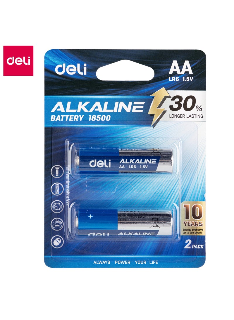 Deli Alkaline AA Batteries - Pack of 2, 30% Longer Lasting, Mercury-Free, E18500 - Image 1
