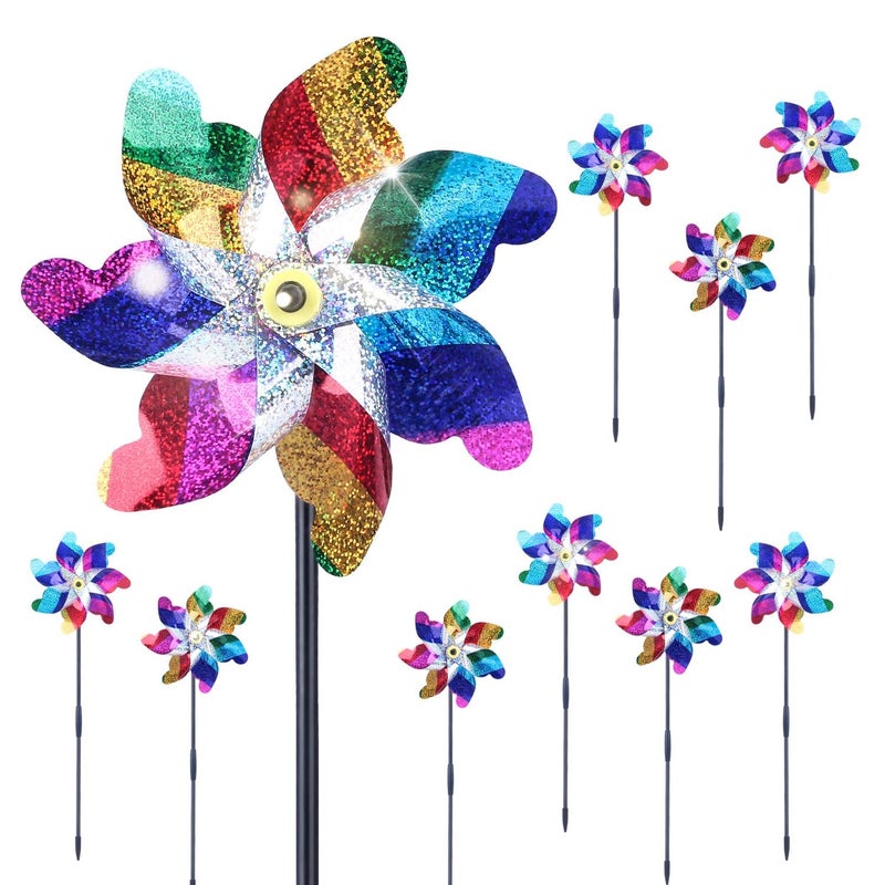 BATTIFE 10 Pack Sparkly Rainbow Pinwheels Reflective Wind Spinner for Yard and Garden with Stakes Decor Windmill to Scare Birds Away for Lawn and Patio