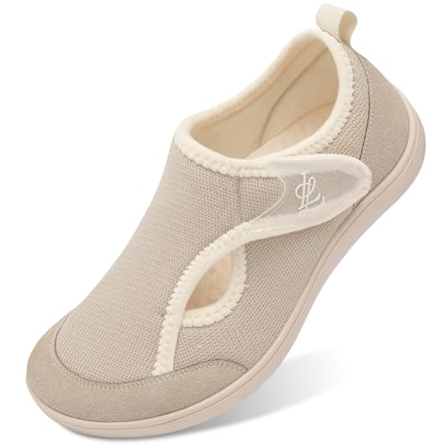 LeIsfIt Womens House Shoes Adjustable Diabetic Slippers Wide Arthritis Edema Barefoot Shoes Indoor Outdoor Slippers Beige Size 8 - Image 1