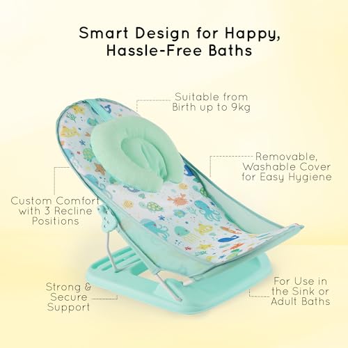 Nuluv Premium Baby Bather | Bath Chair for Newborns and Infants 0-3 Months | Foldable | 3 Position Adjustable Chair | Anti Skid Base | Washable Soft Mesh Seat | for Babies Upto 5Kg (Aqua) - Image 4