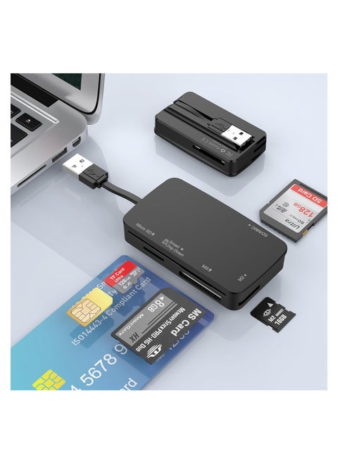 Smart Card Reader, Multi SD Card Reader, 6 in 1 USB Memory Card Reader for Camera Memory/Bank Card SIM/Chip/IC/CAC Card, Plug & Play, SIM Card Reader Compatible with Windows, Linux, Mac OS