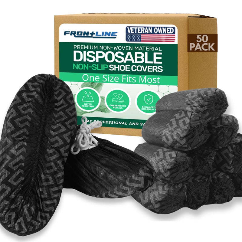 Frontline Shoe Covers Disposable Non-Slip 100 Pack, Premium Non-Woven Durable Booties Shoes Covers â€“ Water Resistant Thick Anti-Slip - One Size Fits Most by Frontline (Black 50 Pack) - Image 1