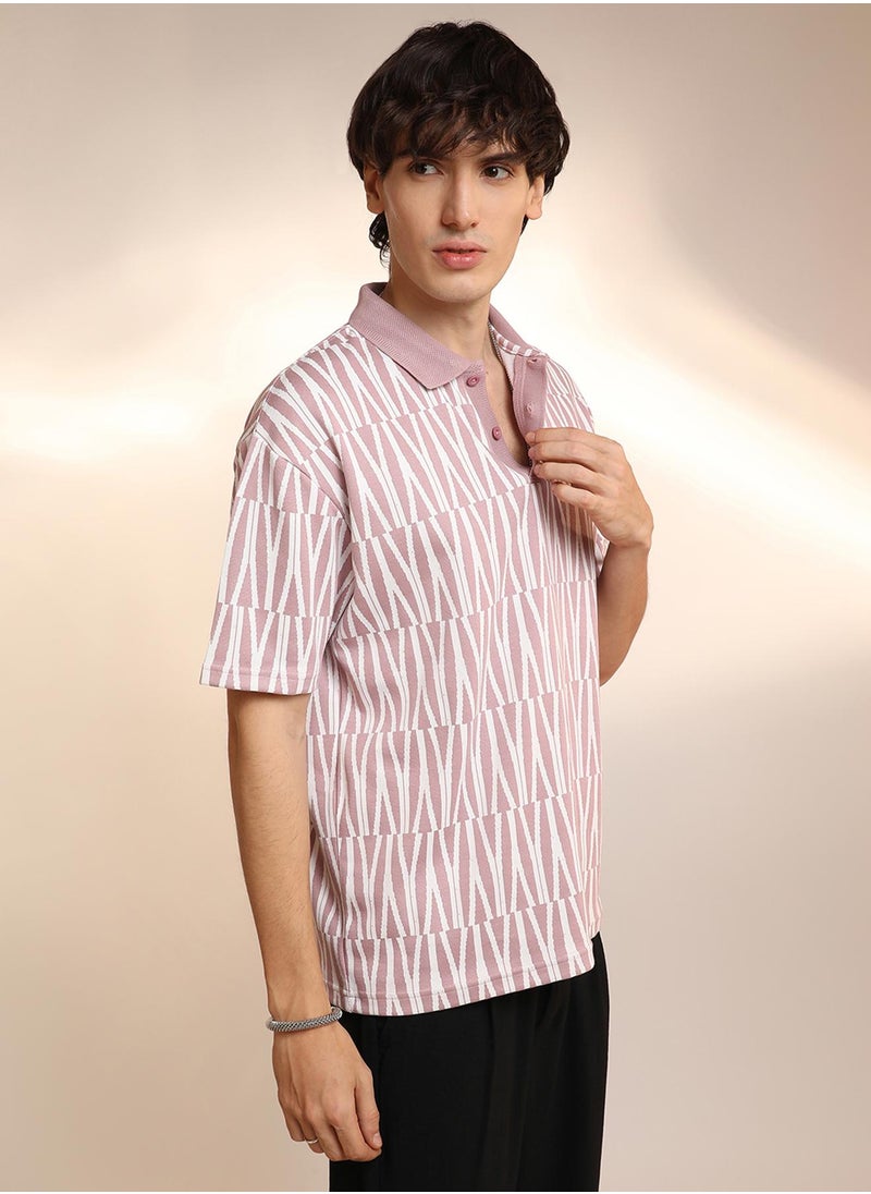 Campus Sutra Men's Rouge Pink Veined Polo T-Shirt  - Image 2