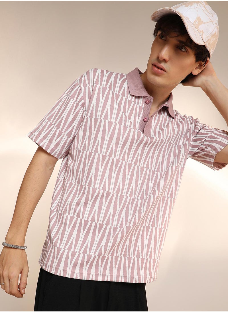 Campus Sutra Men's Rouge Pink Veined Polo T-Shirt  - Image 1