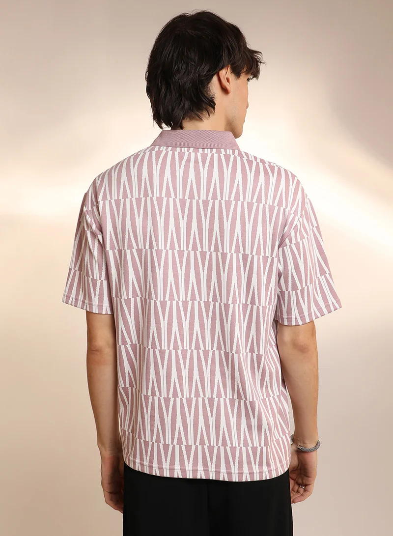Campus Sutra Men's Rouge Pink Veined Polo T-Shirt