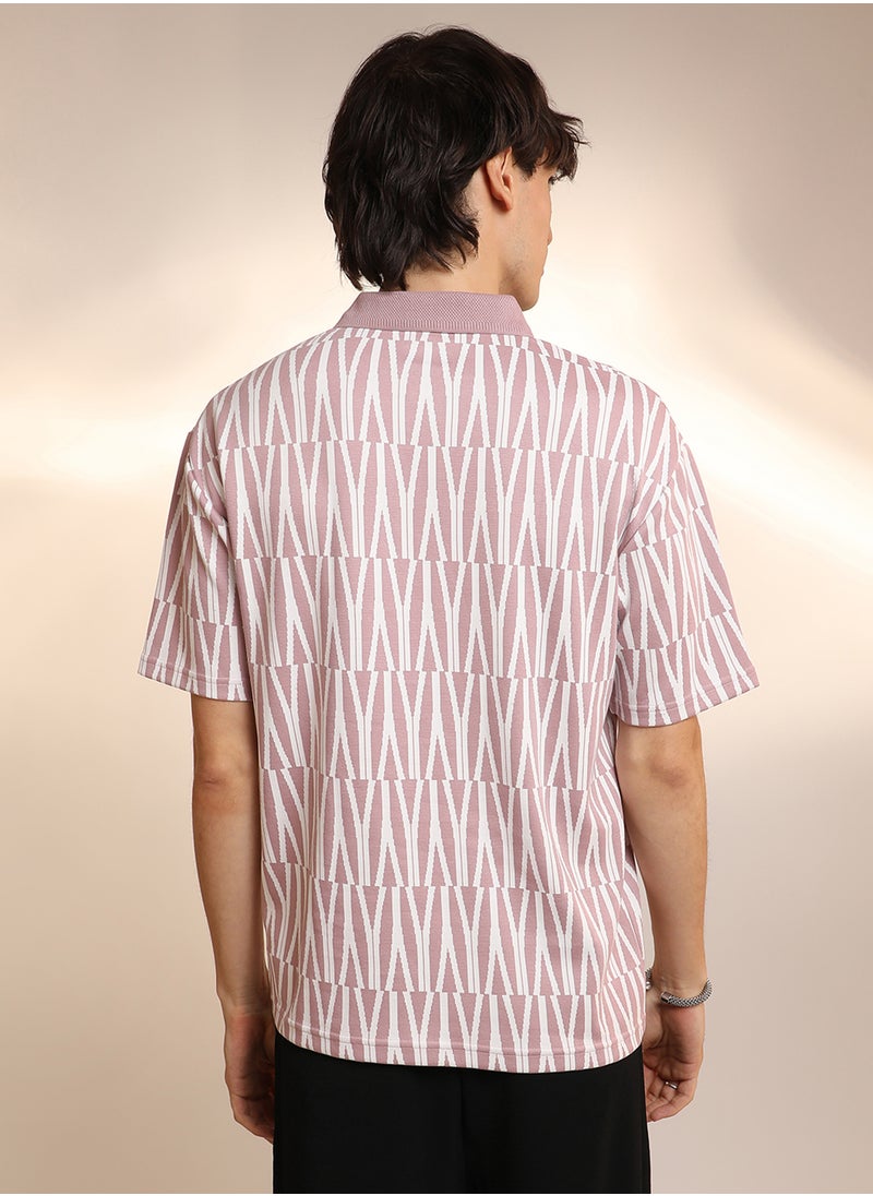 Campus Sutra Men's Rouge Pink Veined Polo T-Shirt  - Image 3