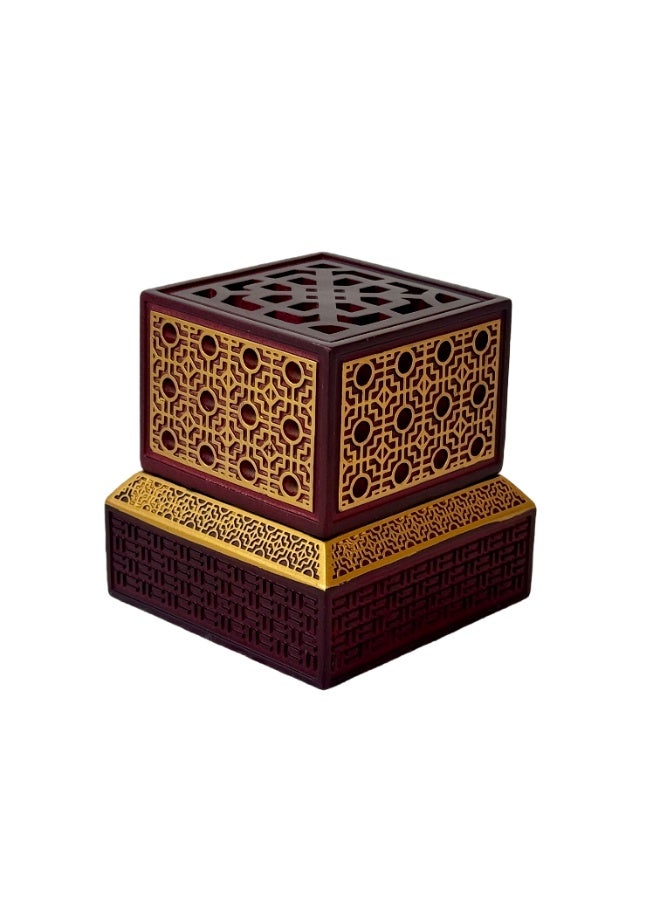 مبخرة راتنجية مع صينية معدنية ذهبية - حامل حرق العود لتنقية الهواء الداخلي/ديكور المنزل/التأمل، مبخرة فحم عالمية، مبخرة بخور، مبخرة راتنجية من اللبان والعود - مناسبة لليوجا والمنتجعات الصحية والعلاج بالروائح والديكور المنزلي والمكاتب، مبخرة راتنجية عربية كلاسيكية مع صينية معدنية ذهبية - مبخرة بخور تقليدية - Image 2
