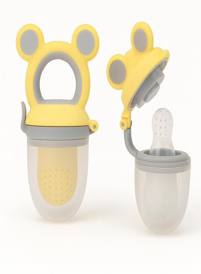 DTR Creation Baby Fruit Feeder Pacifier Nibbler - BPA Free, Food Grade Silicone, Fresh Fruit & Vegetable Teether Feeder with Handle (Yellow & Grey) - Image 1