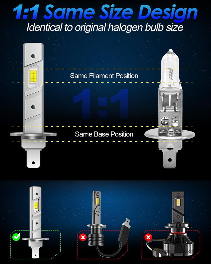 SHINYY مصابيح أمامية LED SHINYY H1، 16000LM 6500K أبيض بارد 12V CSP H1 لمبة عالية/منخفضة، 400% أكثر سطوعًا، مجموعة تحويل مصابيح ضباب LED H1، تصميم 1:1 بدون مروحة لاستبدال الهالوجين والزينيون، 2 قطعة - Image 2