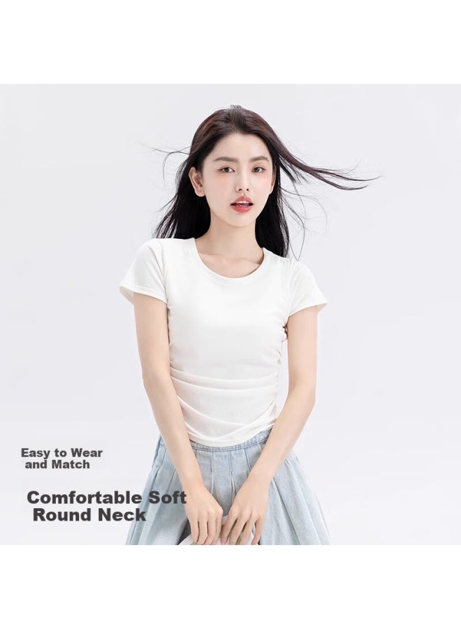 Don't speak Casual Off-shoulder Short Sleeve T-shirt Women Summer Slim Fit Irregular Pleated Top Black 2XL - Image 2