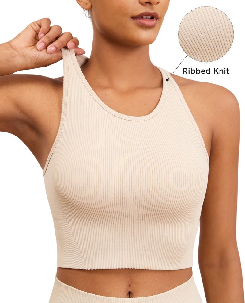 AegisChic High Neck Beige Sports Bras for Women Long Line Yoga Ribbed Tank Top with Built-in Bra Gym Athletic Workout Racerback - Image 2