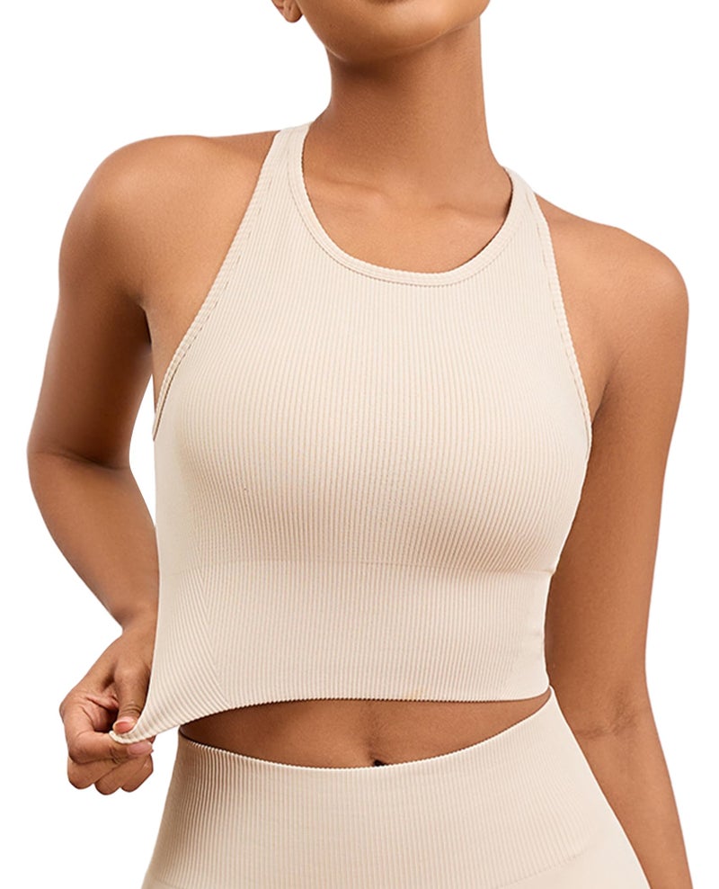 AegisChic High Neck Beige Sports Bras for Women Long Line Yoga Ribbed Tank Top with Built-in Bra Gym Athletic Workout Racerback - Image 1
