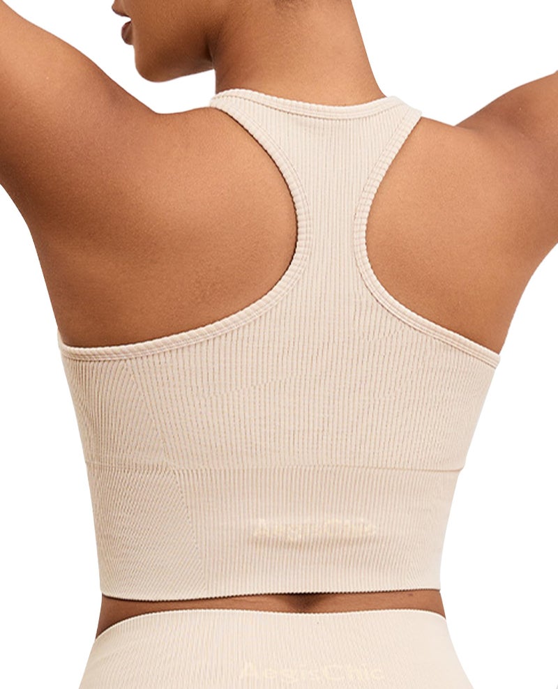 AegisChic High Neck Beige Sports Bras for Women Long Line Yoga Ribbed Tank Top with Built-in Bra Gym Athletic Workout Racerback - Image 3