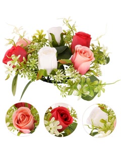KASTWAVE Candle Decoration Garland Wedding Candle Wreath Spring Wreath Ring Candle Stick Wreaths Fake Roses Candle Ring Artificial Floral Wreath Green Candles Mini Silk Flower Scented Tea  - Image 2