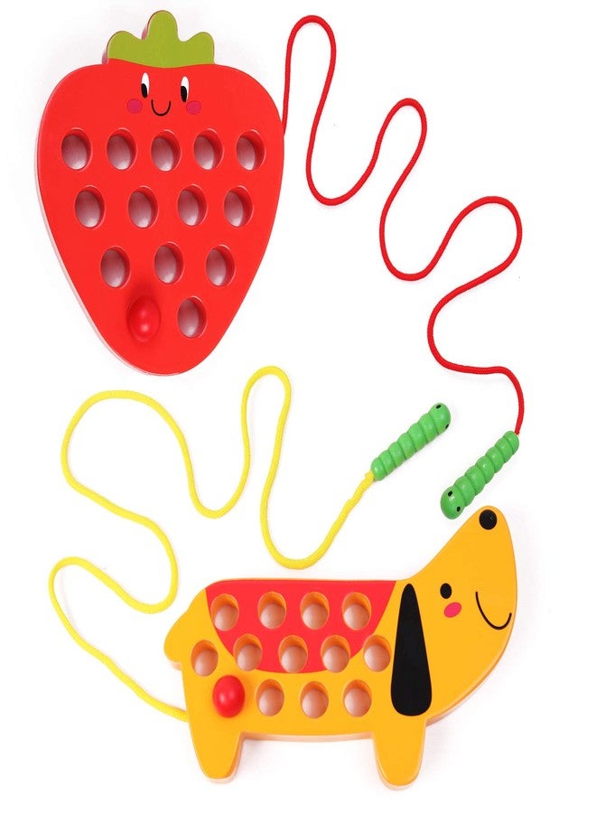 GEMEM Wooden Lacing Threading Toys Fine Motor Skill Toys for 3 Year Old Educational and Learning Montessori Toddler Travel Toy 1 Strawberry and 1 Dog - Image 1