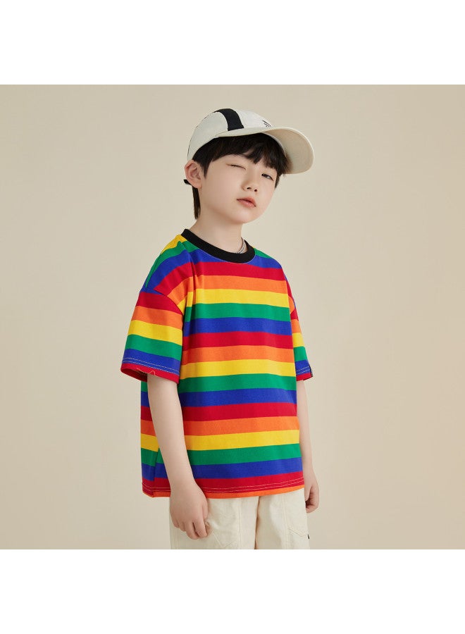 Vibrant Rainbow Stripes】boys' Short Sleeve T-shirt, Children's Striped Half Sleeve | Comfortable, Soft, And Skin-friendly Top For Toddlers And Older Kids - Image 5