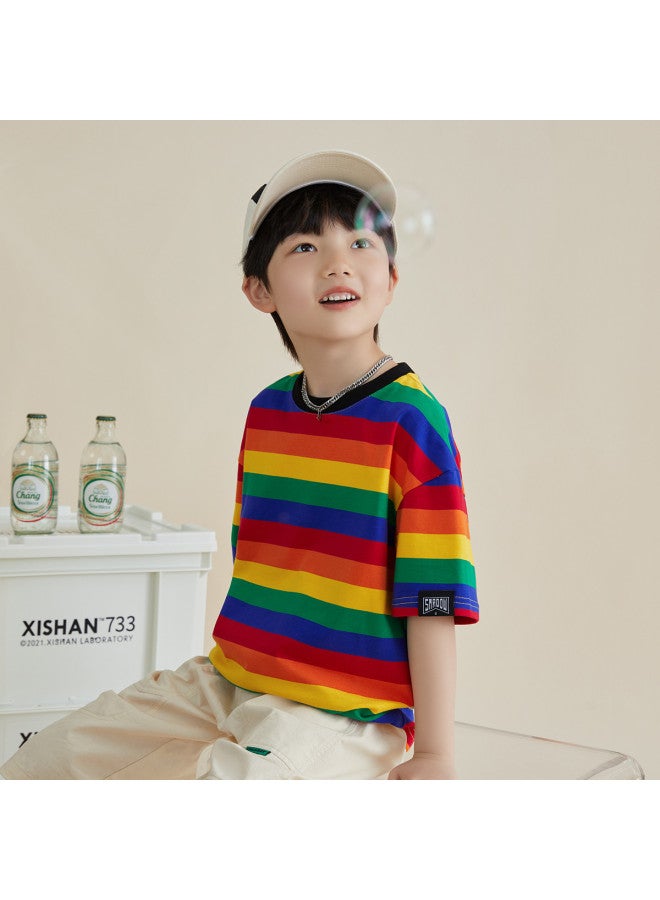 Vibrant Rainbow Stripes】boys' Short Sleeve T-shirt, Children's Striped Half Sleeve | Comfortable, Soft, And Skin-friendly Top For Toddlers And Older Kids - Image 3