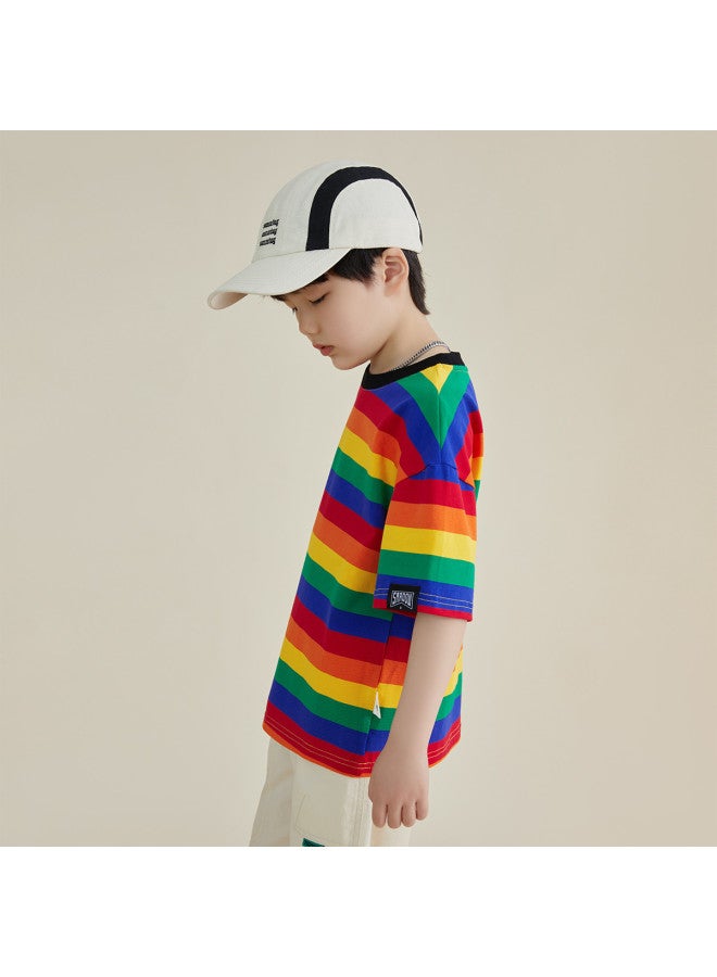 Vibrant Rainbow Stripes】boys' Short Sleeve T-shirt, Children's Striped Half Sleeve | Comfortable, Soft, And Skin-friendly Top For Toddlers And Older Kids - Image 4