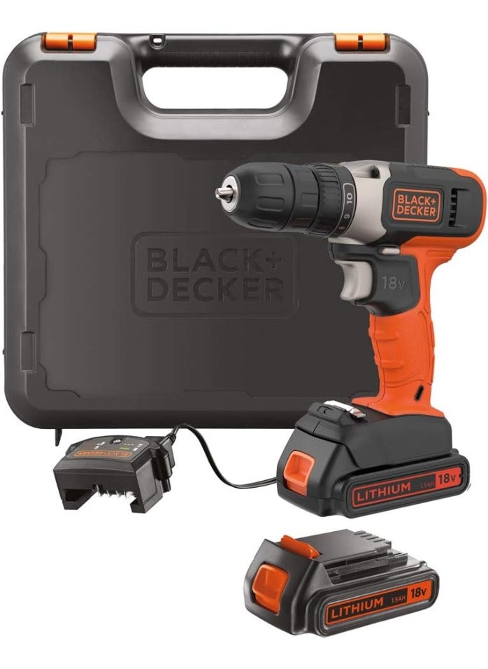 BLACK&DECKER 18V 1.5Ah Li-Ion Cordless Electric Compact Drill Driver with 2 Batteries in Kitbox for Wood Drilling & Screwdriving/Fastening  - Image 1