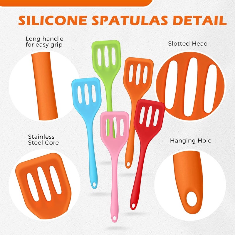 Rtteri 20 Pcs Small Serving Spatula High Heat Resistant Silicone Turner Flexible Nonstick Flipper Mini Slotted Egg Spatula for Cooking Kitchen Pancake Flip Fish Red Blue Green Orange Pink - Image 3