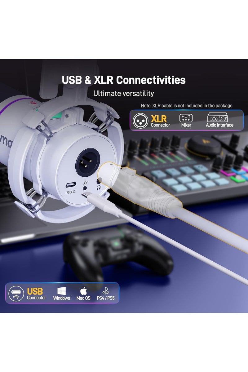 MAONO PD200XS WH XLR/USB Podcast Dynamic Microphone Kit – White | Professional Cardioid Mic with Headphone Jack, Mute Button & RGB Lighting for Streaming, Recording & Gaming - Image 3
