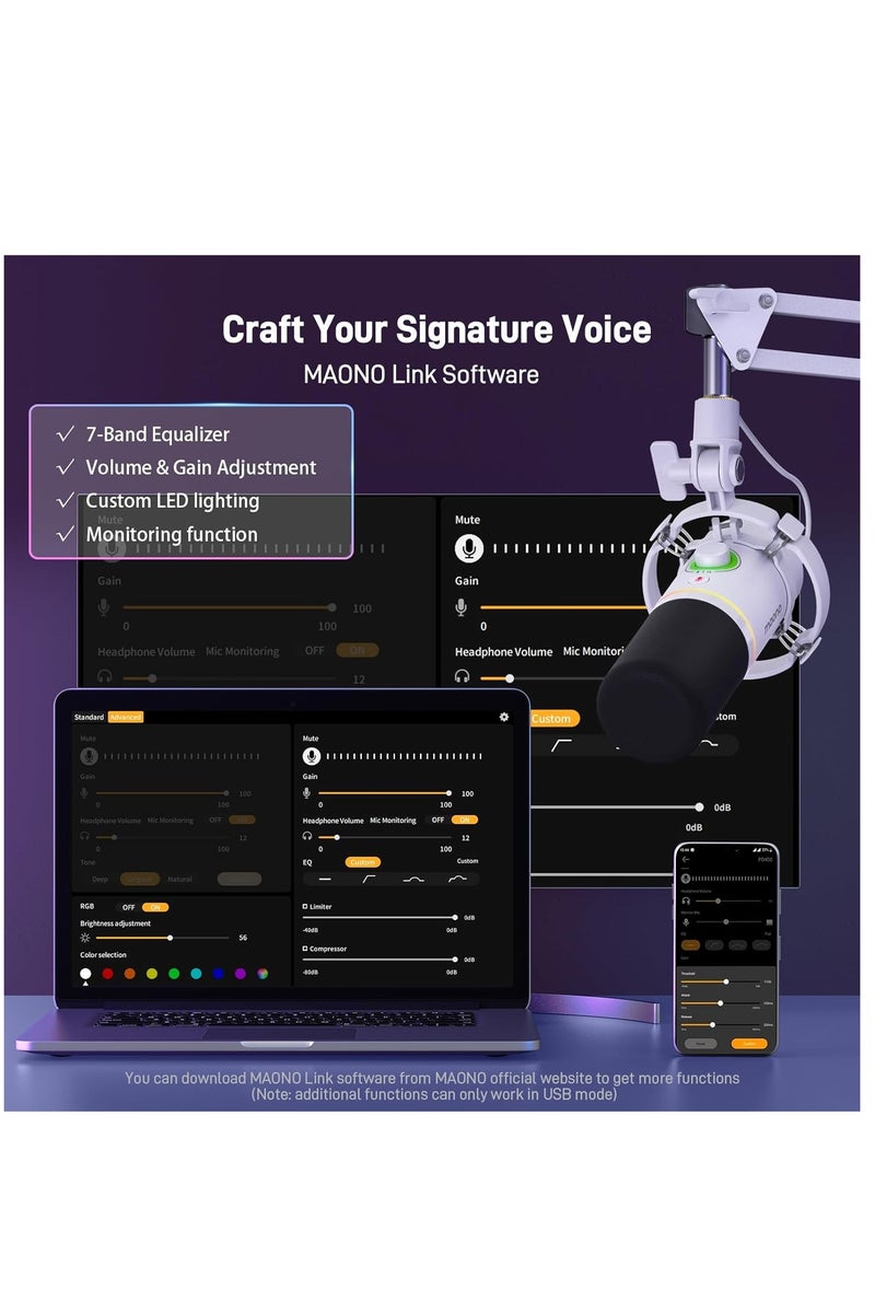 MAONO PD200XS WH XLR/USB Podcast Dynamic Microphone Kit – White | Professional Cardioid Mic with Headphone Jack, Mute Button & RGB Lighting for Streaming, Recording & Gaming - Image 4