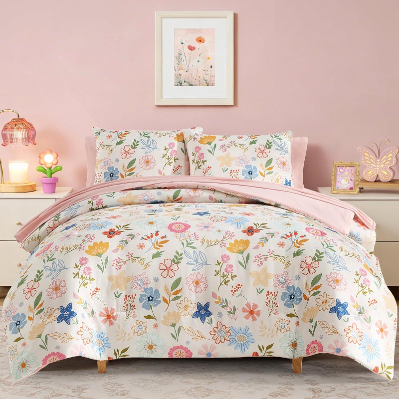 Kaleido Space Full Comforter Set for Girls Kids - 7 Pieces Pastel Garden Full Size Bedding Sets for Kids, Soft Cozy Bed in A Bag with Sheets - Image 1