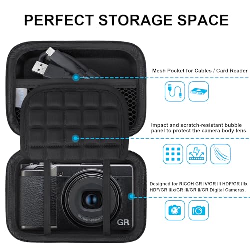 Lacdo Camera Case for RICOH GR IVRICOH GR III HDFGR IIIx HDFGR IIIxGR IIIGR IIGR Digital Camera Hard Protective Camera Storage Trave Bag Mesh Pocket fits Batteries USB Cable Black - Image 3