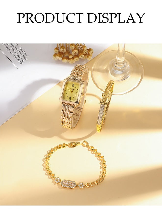 DUNISO Gold Steel Watch Bracelet Set, Square Quartz Watch Rhinestone Bracelet With Box, Two Bracelets And a Watch, High-End Women's Watch Gift Set With Diamond Decoration  - Image 3
