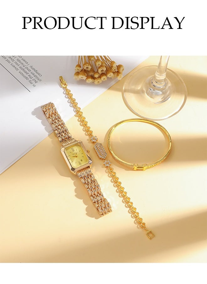 DUNISO Gold Steel Watch Bracelet Set, Square Quartz Watch Rhinestone Bracelet With Box, Two Bracelets And a Watch, High-End Women's Watch Gift Set With Diamond Decoration  - Image 5