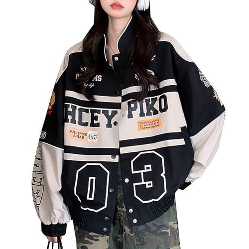 POHADON Varsity Jacket for Women Patchwork Long Sleeve Racing Bomber Letterman Jackets Color Block Y2k Vintage Streetwear (Black,M) - Image 1