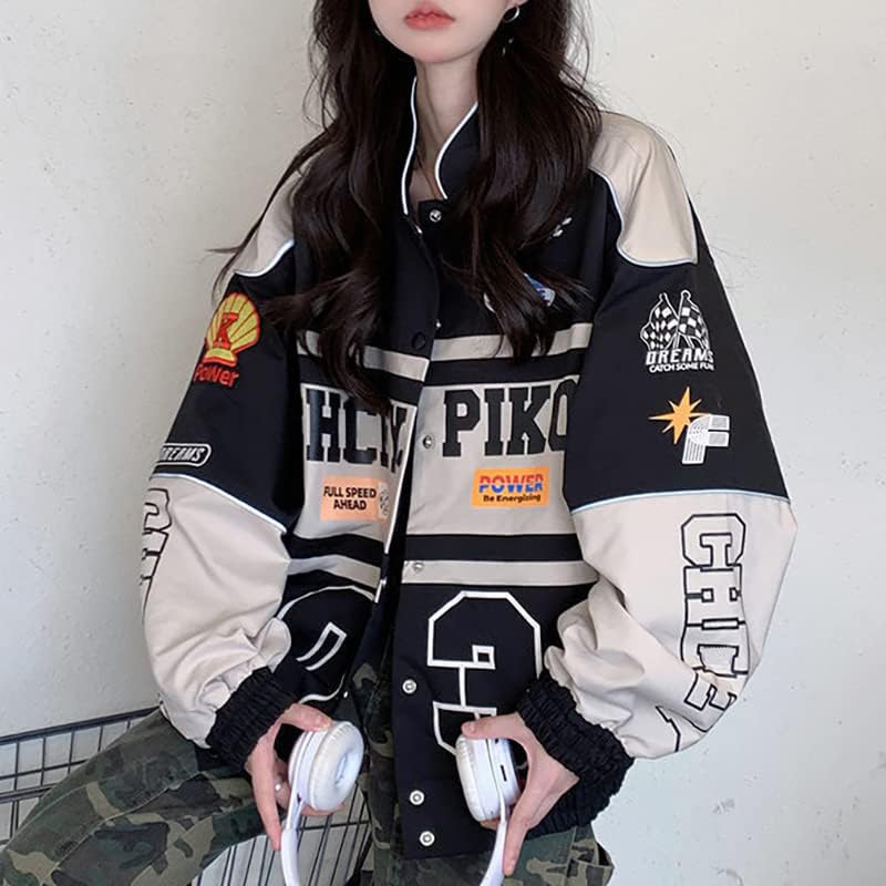 POHADON Varsity Jacket for Women Patchwork Long Sleeve Racing Bomber Letterman Jackets Color Block Y2k Vintage Streetwear (Black,M) - Image 2