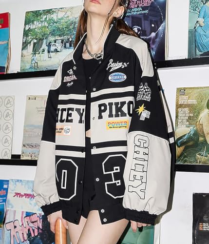 POHADON Varsity Jacket for Women Patchwork Long Sleeve Racing Bomber Letterman Jackets Color Block Y2k Vintage Streetwear (Black,M) - Image 5