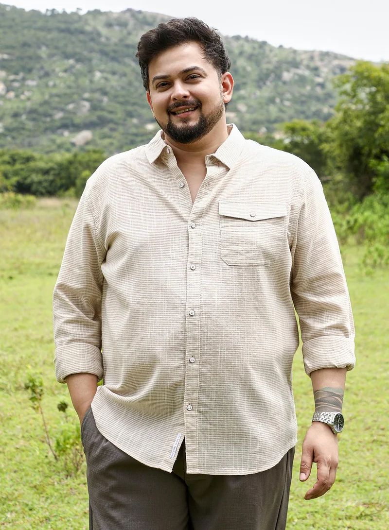 Instafab Plus Instafab Plus Men Candy-Stripe Jacquard Shirt | Spread Collar , Long Cuffed Sleeves | Button Closure , Curved Hem | Stripes Jacquard | Woven Fabric For Casual & Daily Wear | Khaki Beige