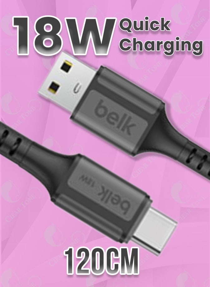 Ultra Durable 120cm Nylon Braided USB To Type C Cable | 18W Fast Charging & 480Mbps High Speed Data Transfer | Tangle Free | Compatible with Multiple Devices