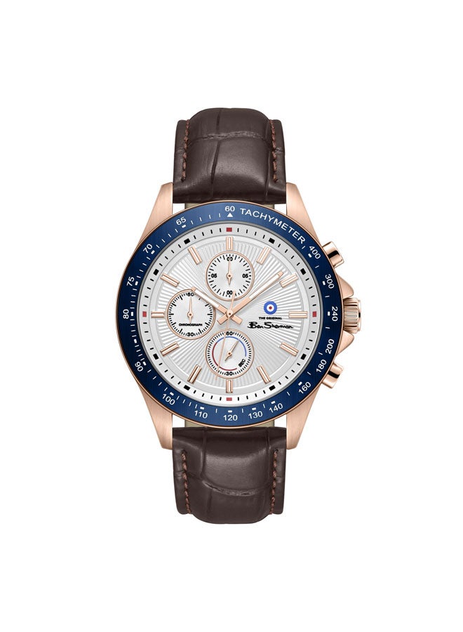 Ben Sherman Winchester Silver Dial Brown Genuine Leather Strap Chronograph Watch for Men, 43.2mm - Image 1