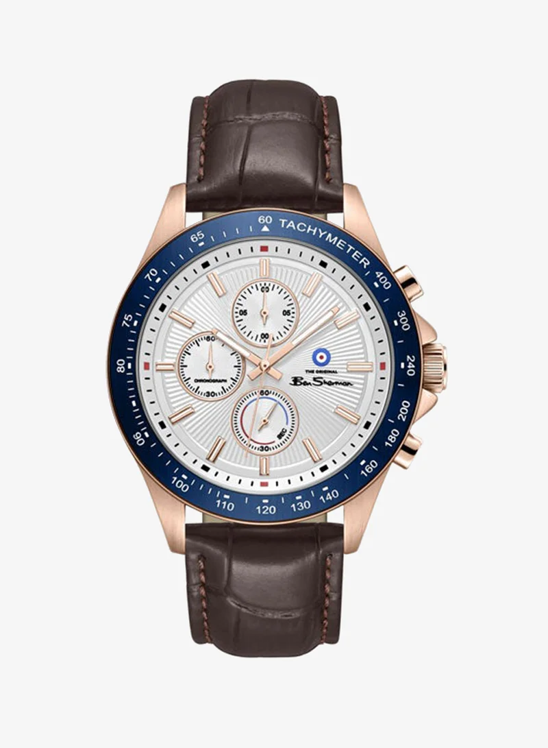 Ben Sherman Winchester Silver Dial Brown Genuine Leather Strap Chronograph Watch for Men, 43.2mm