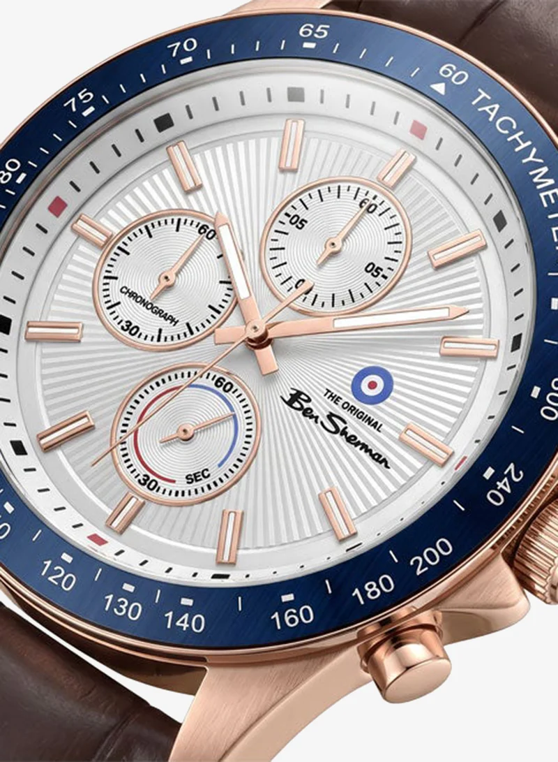 Ben Sherman Winchester Silver Dial Brown Genuine Leather Strap Chronograph Watch for Men, 43.2mm