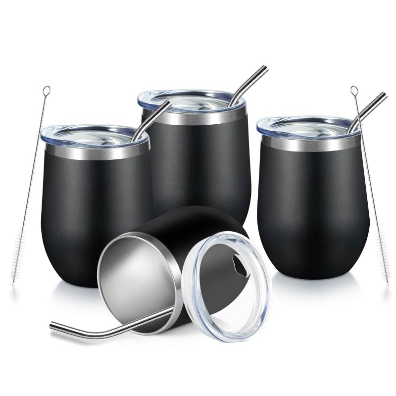 COMOOO 12oz Stainless Steel Wine Tumbler with Lid and Straw Double Wall Vacuum Insulated Wine Tumbler Cup for Hot and Cold Drinks Wine Coffee Champaign Black 4 Pack