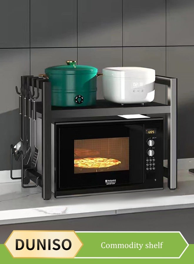 DUNISO Microwave rack, expandable microwave rack, kitchen countertop toaster rack, kitchen storage rack, detachable, dirt and rust resistant, with 6 hooks and cutting board rack,black - Image 1