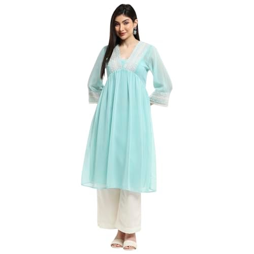 Biba Women's Polyester Embroidered Regular Kurta (SHRSMR21310SS25AQUA_Aqua - Image 1